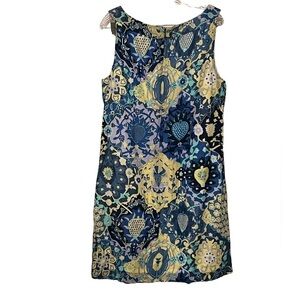 Talbots a line blue and yellow floral print cotton dress